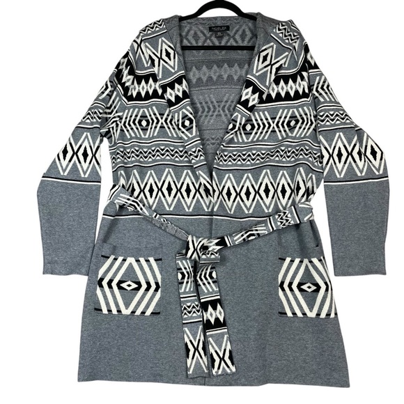Rachel Zoe Open Front Belted Hoodie Tribal Southwest Aztec Knit Cardigan - Sz 1X - Picture 1 of 14
